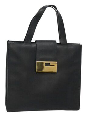 GUCCI Hand Bag Leather Black Gold Auth th5874